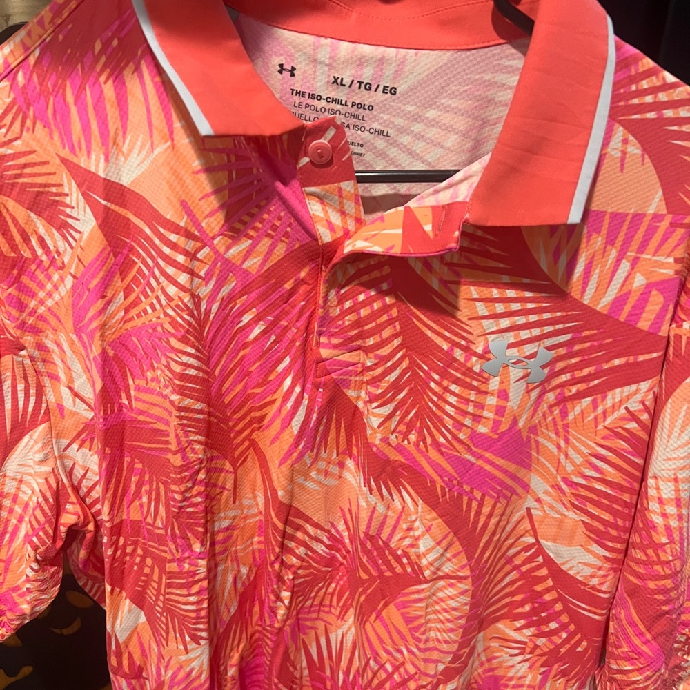 Under Armour Men's Vibrant Leaf Print Polo - Pink and Orange
